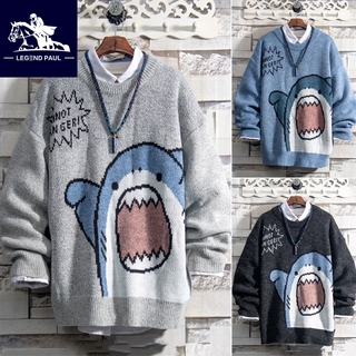 Korean Mens Knit Sweater Cute Shark Round Neck Loose Sweater