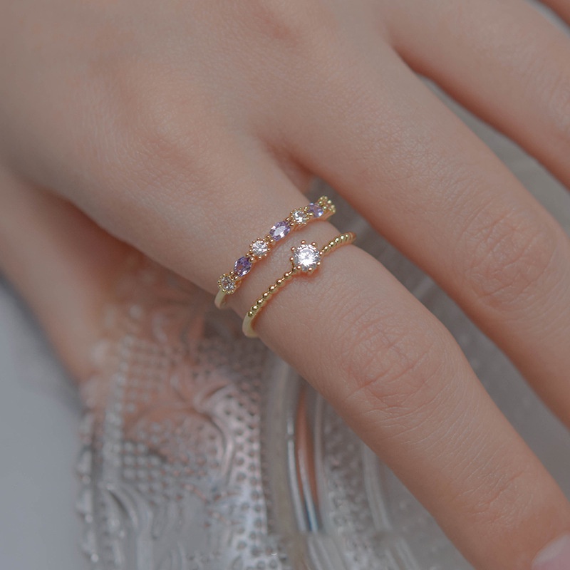 2-in-1-ชุดอเมทิสต์เพชรเพทายผู้หญิงแฟชั่นเครื่องประดับทองไทเทเนียมเหล็กแหวนหมั้นแต่งงานปรับขนาดได้