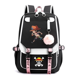 One Piece Luffy ลายอนิเมะ นักเรียน กระเป๋านักเรียน USB แฟชั่นสบายๆ กระเป๋าเป้สะพายหลังสำหรับเด็กเด็กชายเด็กหญิงกันน้ำกระเป๋าเดินทางกลางแจ้งสีดำสีชมพู