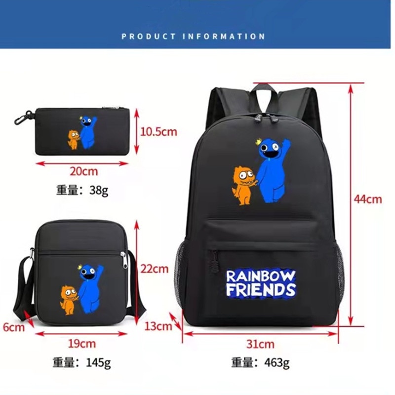 rainbow-friends-อะนิเมะพิมพ์-กระเป๋าเป้สะพายหลังสำหรับเด็กแฟชั่นสบายๆผ้าใบกระเป๋านักศึกษาเด็กชายและเด็กหญิงกระเป๋าแมสเซนเจอร์กล่องดินสอ-3pcs