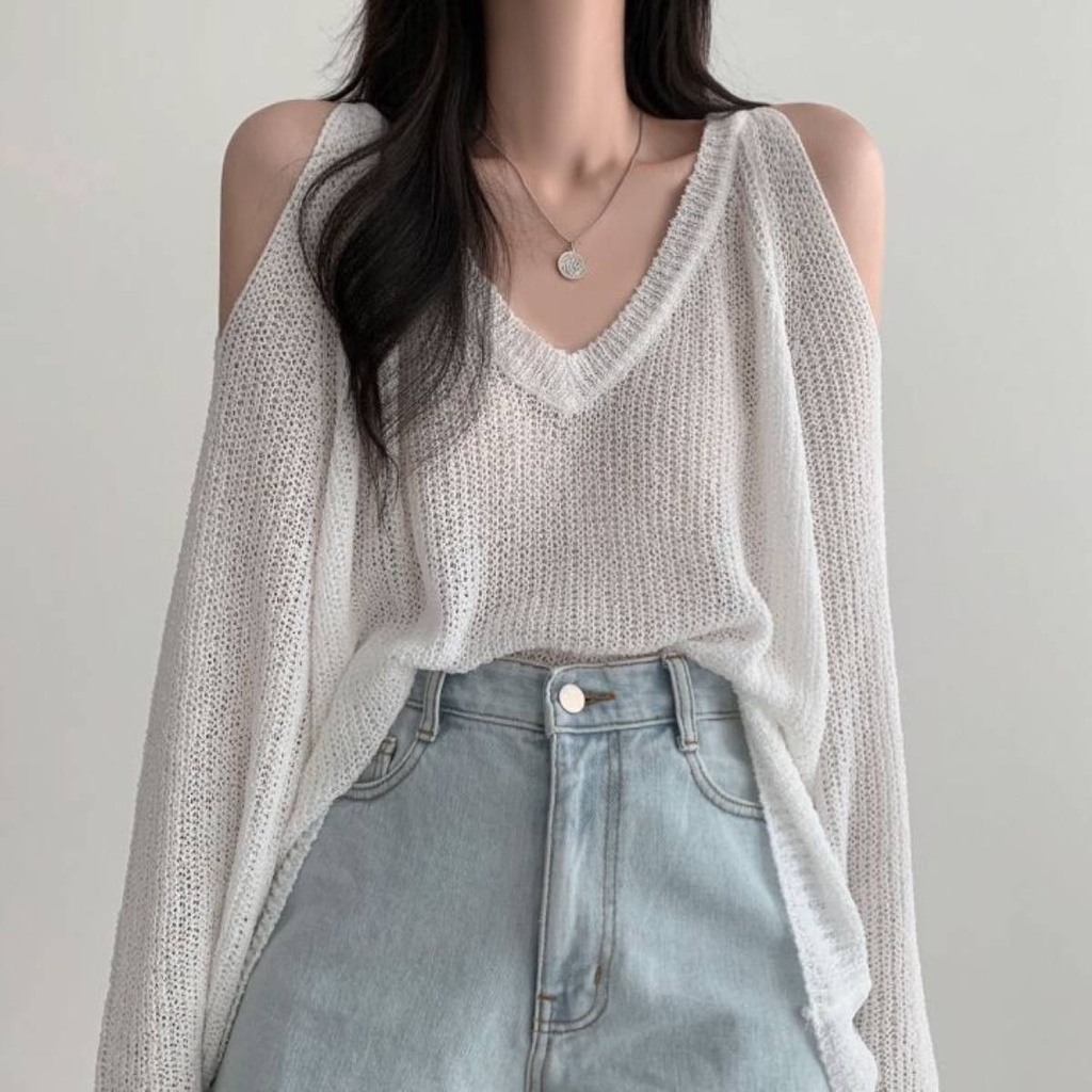 เสื้อนักเรียนหญิงม-เสื้อปาดไหล่สาวอวบ-สาวร้อนหวานปิดไหล่คอวีแขนยาวเสื้อถักบางผู้หญิงฤดูใบไม้ผลิและฤดูใบไม้ร่วงใหม่อย่างระมัดระวังเครื่องเสื้อกันหนาวหลวมแนวโน้มด้านบน