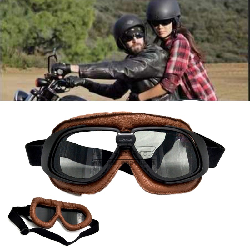 ภาพหน้าปกสินค้าMotocross Helmet Goggles Motorcycle Half Face Goggles Vintage Pilot Biker Leather For harley Bike ATV Cafe Racer Classic Goggle