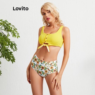 สินค้า Lovito ชุดบิกินี่พิมพ์ลายดอกไม้ Knot L09038 (สีเหลือง)