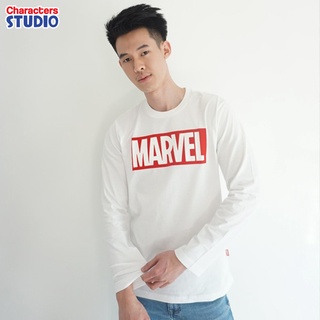 Marvel Men logo Flock Print Long Sleeve T-Shirt - เสื้อยืดมาร์เวลแขนยาวผู้ชายพิมพ์กำมะหยี่ สินค้าลิขสิทธ์แท้100% characters studio