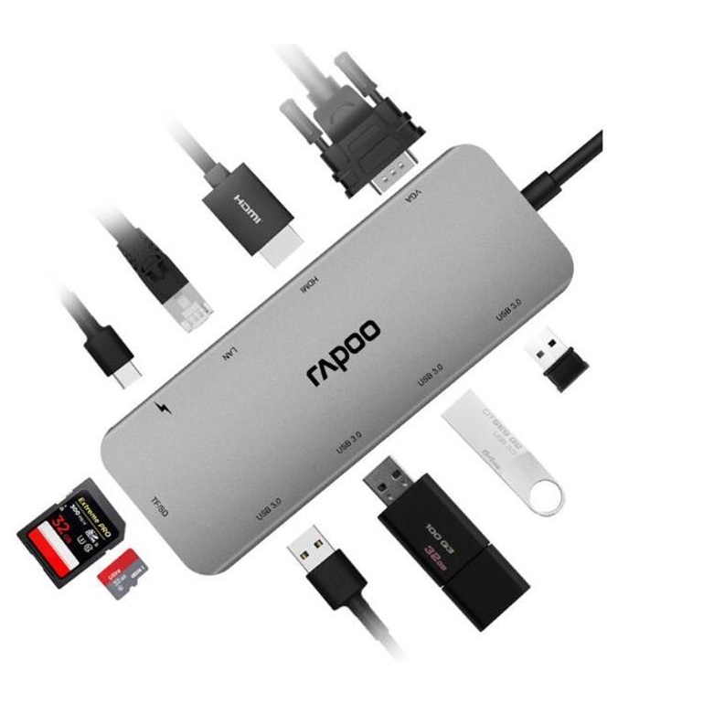 Adapter RAPOO XD200C-GREY Type C Multi Function Adapter (10 in 1 ) USB ...