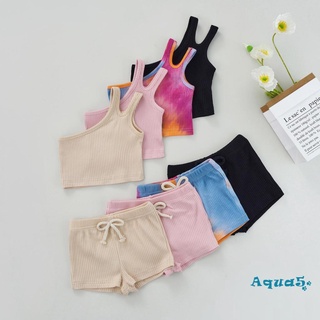 Aqq- ชุดเสื้อแขนกุด เปิดไหล่ สีพื้น และกางเกงขาสั้น สําหรับเด็กผู้หญิง 2 ชิ้น