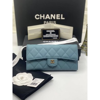 Chanel Wallet ใบยาว หน้าคลาสสิค สีฟ้า Grade vip Size 19cm  Full box set