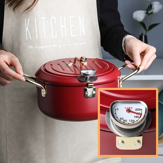 ♣☏Kitchen Deep Frying Pot With Lid and Thermometer Non Stick Tempura Deep Fryer Stainless Steel French Fries Tempura Fry