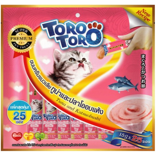 toro-toro-ขนมครีมแมวเลีย-ทูน่าและปลาโออบแห้ง-แพ็ค-25-ซอง