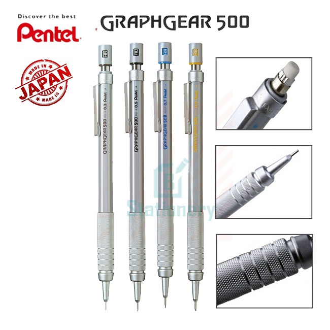 ดินสอเขียนแบบ-ดินสอกด-pentel-รุ่น-graphgear-500-ขนาดไส้-0-3-0-5-0-7-0-9-mm-ดินสอกดด้ามเหล็ก-เพนเทล