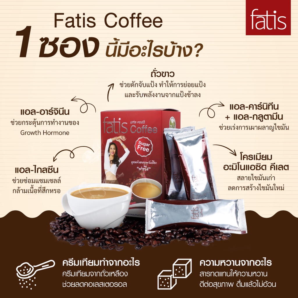 ข้อมูลเพิ่มเติมของ FATIS COFFEE กาแฟล็อคหุ่น คุมหิว ตัวช่วยคุมน้ำหนัก ไม่มีน้ำตาล ไม่มีไขมัน มีส่วนผสมจากถั่วขาว 4L และโครเมี่ยมจากอเมริกา บล้อค บิ้ว เบิร์น ช่วยขับถ่าย หุ่นดี สุขภาพดี 1 กล่อง 15 ซองโดย TVDirect