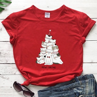 ⚡️ พร้อมส่ง⚡️ Winter Meowy Christmas Cotton T Shirt Women Cute Cat Mom Holiday Gift Tshirt Funny Kitten Tree Graphic