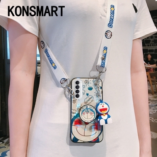 เคสโทรศัพท์ OPPO Reno4 Pro 4G Case Blu-ray Doraemon Cartoon Doll Bracket with Fashion Letter Strap Cover New 2020 Phone Reno4