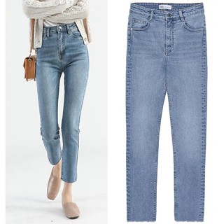 ผ้ายืด Girl's jean กางเกงยีนส์ผู้หญิงแฟชั่น เอวสูง ทรงตรง  สีฟ้า คุณภาพดีกว่าราคา