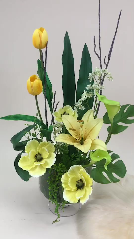 แจกันดอกไม้ประดิษฐ์-โทนสีเหลือง-ดอกไม้พร้อมแจกัน-แจกันดอกไม้ตกแต่งบ้าน