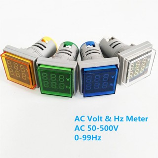 2 in1 AC หน้าปัทเหลี่ยม ดิจิตอล โวลต์ ความถี่ มิเตอร์ 22 มิลลิเมตร 50-500V, 0-99Hz Square Led Mini Digital Volt Freq