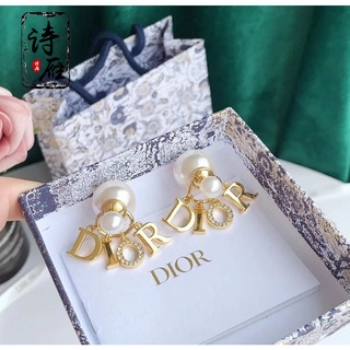 Dior/dior 22SS ใหม่ สไตล์ชาแนล ย้อนยุค มุก โลโก้ตัวอักษร เพชร ติดด้านหน้า ด้านหลัง ต่างหูผู้หญิง