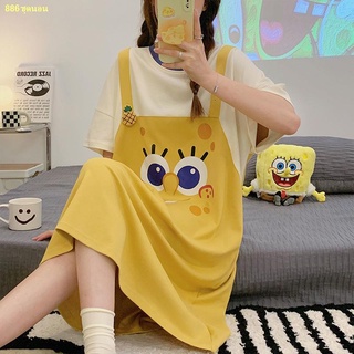🍒สินค้าเฉพาะจุด🍒ชุดนอนสตรีชุดนอนผ้าฝ้ายลายการ์ตูน Spongebob หลวมเหนือเข่าเสื้อผ้าที่บ้าน