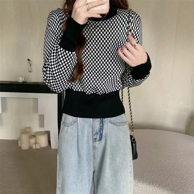 Cicishop(SALE/สุ่มสี 10037)เสื้อแขนยาวไหมพรมknit ทอลายตารางเล็กแบบฮิปส ...