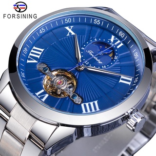 Forsining Blue Fashion Mechanical Watch Male Tourbillon Automatic Moonphase Stainless Steel Analog Watches Reloj hombre