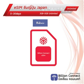 eSIM Japan Sim Card 3-5GB Unlimited IIJ mio : ซิมญี่ปุ่น เน็ตไม่อั้น 5-30วัน ซิมต่างประเทศ Billion Connect