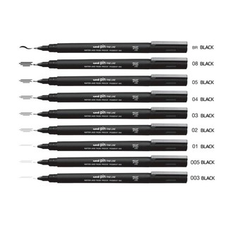 Uni ปากกา ปากกาตัดเส้นสีดำ หัวเข็ม PIN 0.03 - 0.8 &amp; Brush จำนวน 1 ด้าม