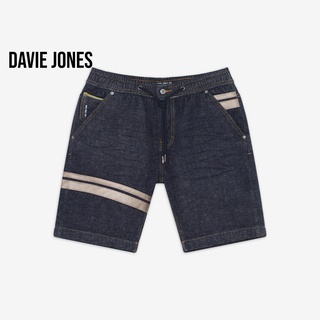 DAVIE JONES กางเกงขาสั้น ผู้ชาย เอวยางยืด สีกรม คาดหนัง Elasticated Shorts in navy SH0053NV
