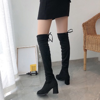 รองเท้าบูท บูทยาว รองเท้าเดินหิมะ คลุมเข่า รุ่น Long Boots เชือกผูกหลัง ส้นหนา สูง7cm(ส้นหนา)