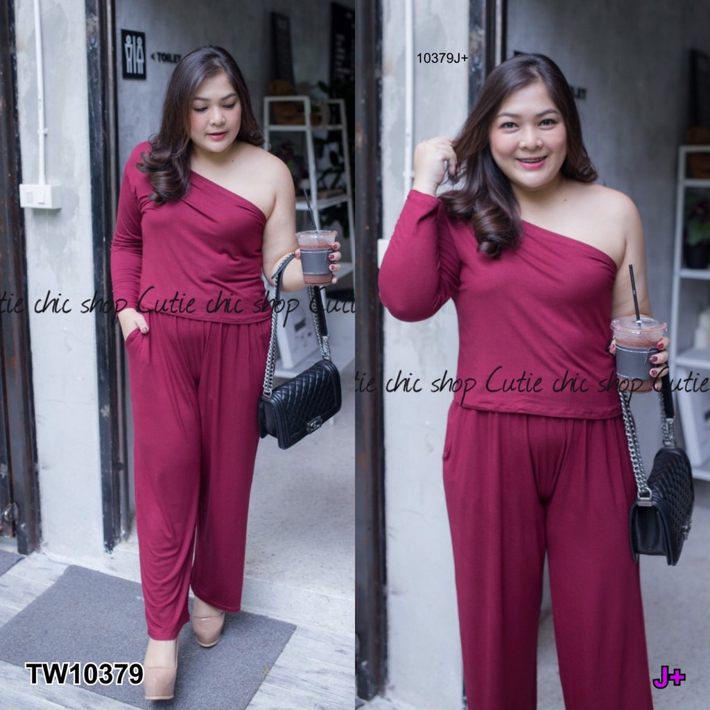 ak-10379-set-2-ชิ้น-bigsize-เสื้อครอปแขนยาวปาดไหล่