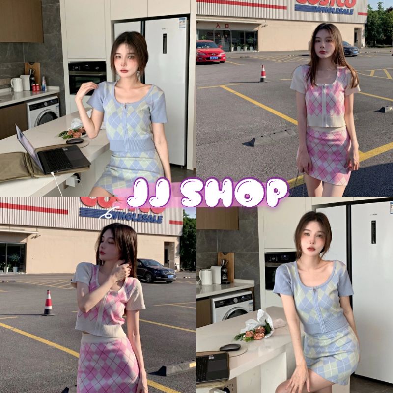 ภาพหน้าปกสินค้าJJ Shop พร้อม เซ็ทเสื้อแขนสั้น+กระโปรง ลายตาราง สไตล์เกาหลีน่ารัก "89020+89020-1" -N