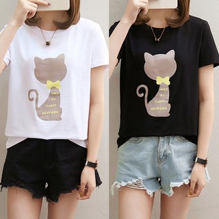 เสื้อยืดสีขาวผู้ชาย - ผู้ชนะผู้หญิงการ์ตูนแมวพิมพ์แขนสั้นเสื้อยืดลําลองด้านบน