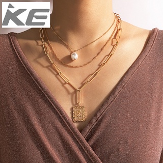 Simple Pearl Pendant Necklace Heavy Metal Rectangular Buckle Chain Rose Square Necklace for gi