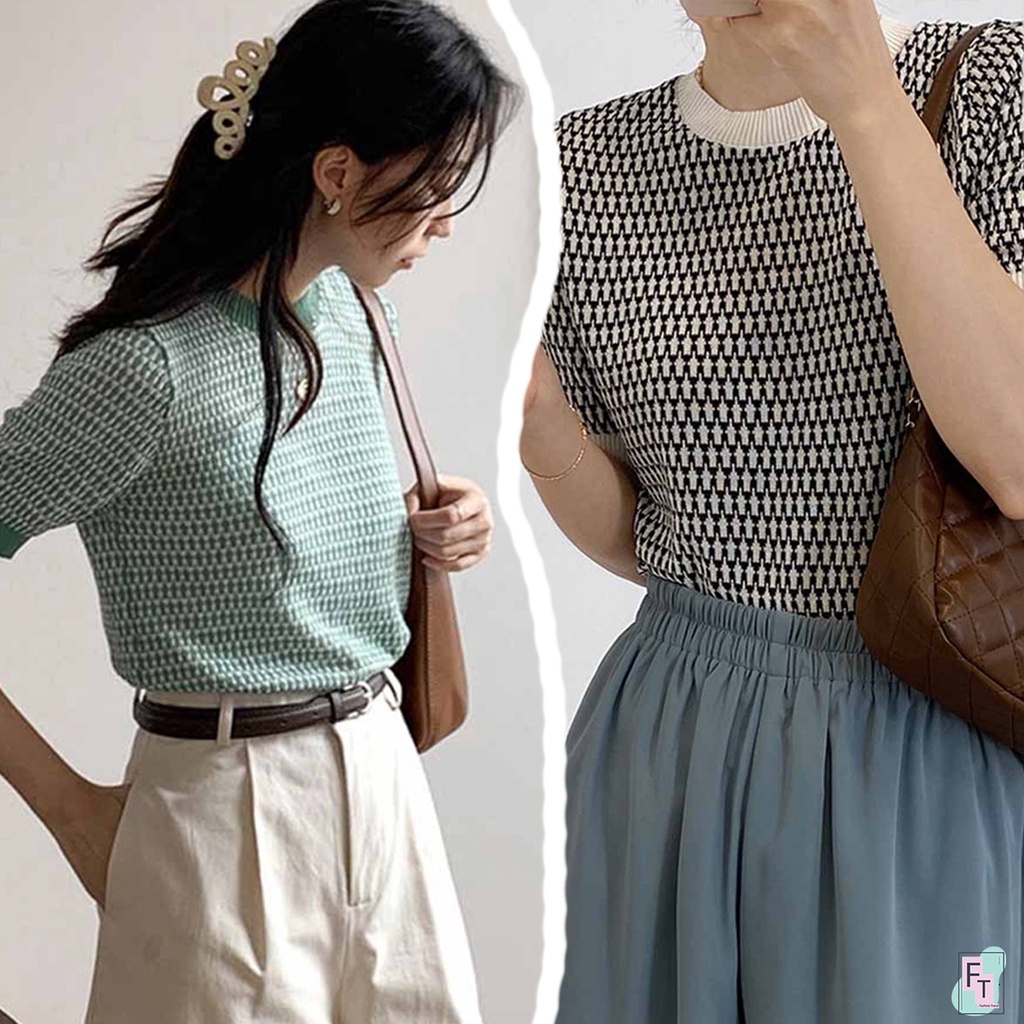 ft-อินเทรนด์-เสื้อไหมพรมแขนสั้นลายตารางลูกศร-คอกลม-4-สี