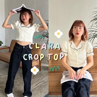 Chuuchop_พร้อมส่ง(C7775)🍹✨Clara crop top เสื้อครอปผ้าทวีตสีขาวครีม