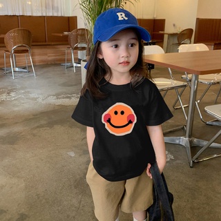 เสื้อยืดแขนสั้น ผ้าฝ้าย พิมพ์ลายการ์ตูนหน้ายิ้ม แฟชั่นสําหรับเด็กผู้ชาย และเด็กผู้หญิง