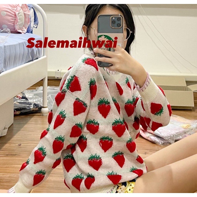 พร้อมส่ง-เสื้อกันหนาวไหมพรมลายสตอเบอรี่