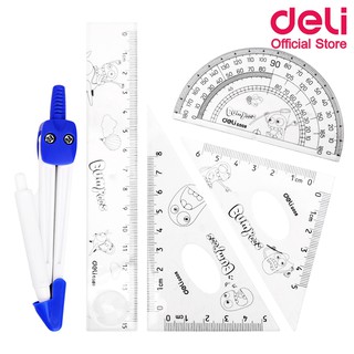 Deli 9598 set 5pcs Ruler Set Squares Protractor Compass 15cm ชุดไม้บรรทัด แพค 5 ชิ้น