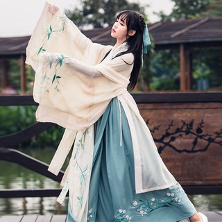 🔥Hot sale~ Hanfu นักเรียนหญิง Wei Jin สไตล์แขนยาวกระโปรงเอวกว้าง Du Ruo สไตล์จีนทุกวันปรับปรุงไหลชุดกระโปรงนางฟ้า