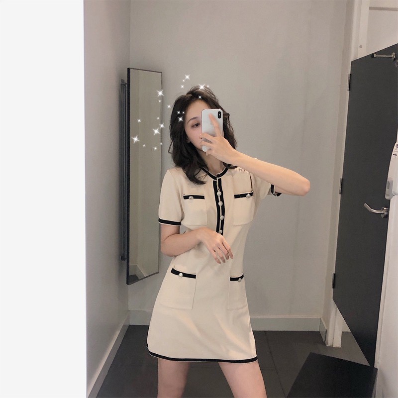 eland-shopชุดเดรสไหมพรม-กระดุมงานนำเข้า-ผ้ายืดใส่สบายงานสวยมากๆ