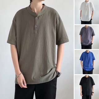 เสื้อเชิ้ตแขนสั้นลําลอง ผ้าฝ้าย และผ้าลินิน ทรงหลวม สไตล์วินเทจ สําหรับผู้ชาย