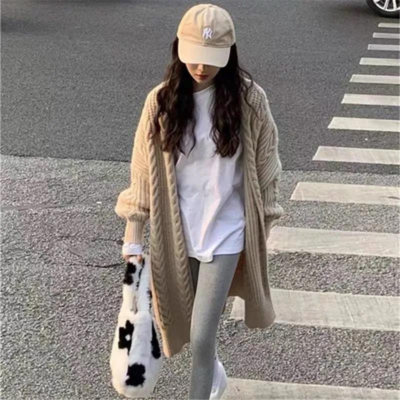 เสื้อกันหนาวผู้หญิงฤดูใบไม้ร่วงด้านนอกสวมใส่หลวมญี่ปุ่นกลางยาวเสื้อสเวตเตอร์ถัก