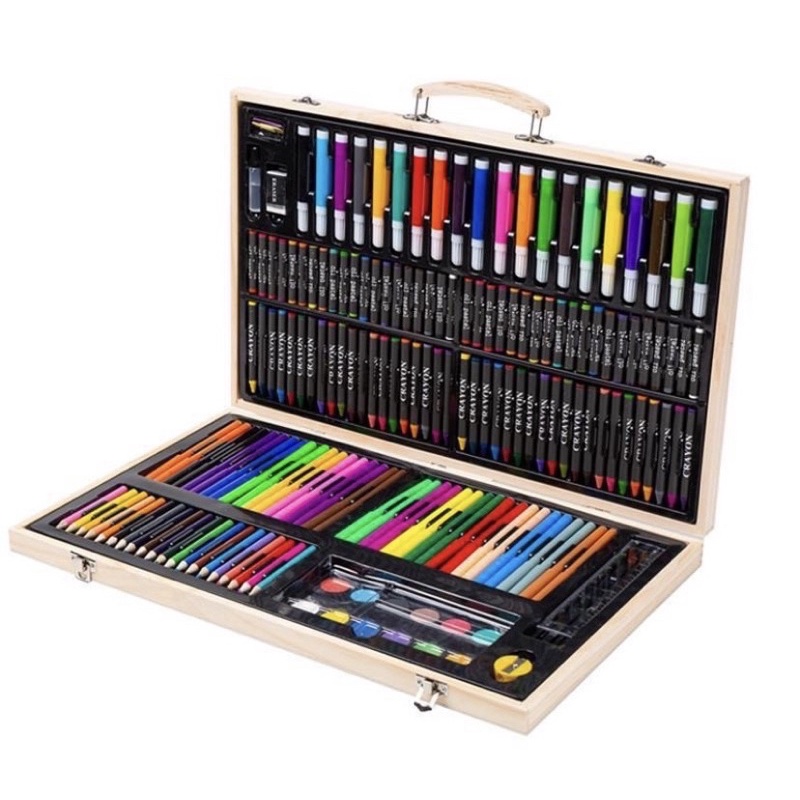 กล่องไม้-พาเลทชุดระบายสี-เซ็ทใหญ่-180ชิ้น-ชุดกล่องสี-รวมสีไม้-สีเทียน-สีน้ำ-ปากกา