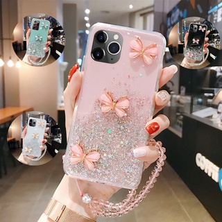 เคสโทรศัพท์มือถือ ซิลิโคนนุ่ม ใส ลายผีเสื้อ 3D แต่งกลิตเตอร์ คริสตัล พร้อมสายคล้อง สําหรับ Samsung Galaxy A14 A34 A54 Note 20 Ultra Note 10Plus Note 10Lite Note 8 9