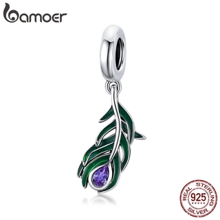 bamoer Genuine 925 Sterling Peacock Feather Metal Charm for Original Women Silver Bracelet DIY Jewelry Making beads SCC1704