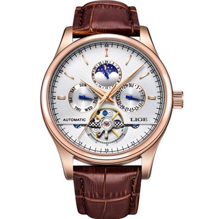 LIGE Fashion Watch Luxury Brand leather Tourbillon Watch Automatic Men Wristwatch Men Mechanical Steel Watches relogio