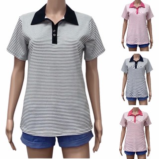 เสื้อโปโลผู้หญิงแขนสั้น รอบอกเสื้อ 34-36 นิ้ว ลายริ้ว Striped Polo Shirt for Women