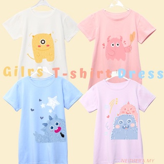🌈Girls T-shirt Dress🌈Kids Dress Cartoon Lovely Monster Colorful T-shirt loose Baju