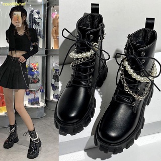 ❤จัดส่งทันที❤สถานียุโรป 22 ใหม่สิทธิบัตรหนัง lace-up ซิปด้านข้าง Martin boots หญิงอังกฤษรถจักรยานยนต์รองเท้าหนา soled ข้