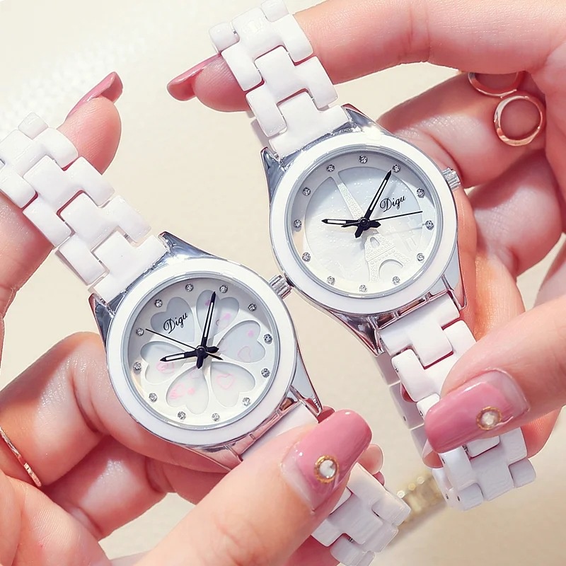 นาฬิกาข้อมือเซรามิค-ประดับเพชร-พลอยเทียม-รูปหอไอเฟล-สีขาว-สําหรับผู้หญิง