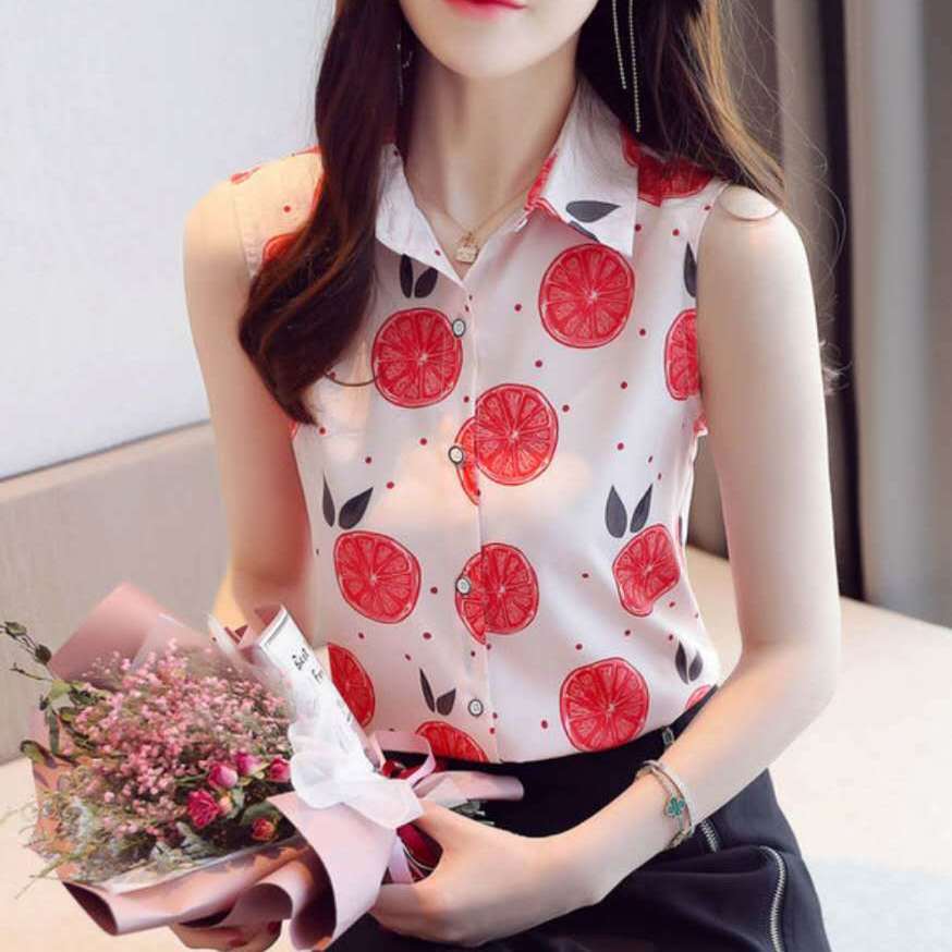 2021ฤดูร้อนใหม่อารมณ์เกาหลีแขนกุดพิมพ์เสื้อหญิงหลวมเสื้อชีฟองบางปกท้องเสื้อเสื้อกั๊ก